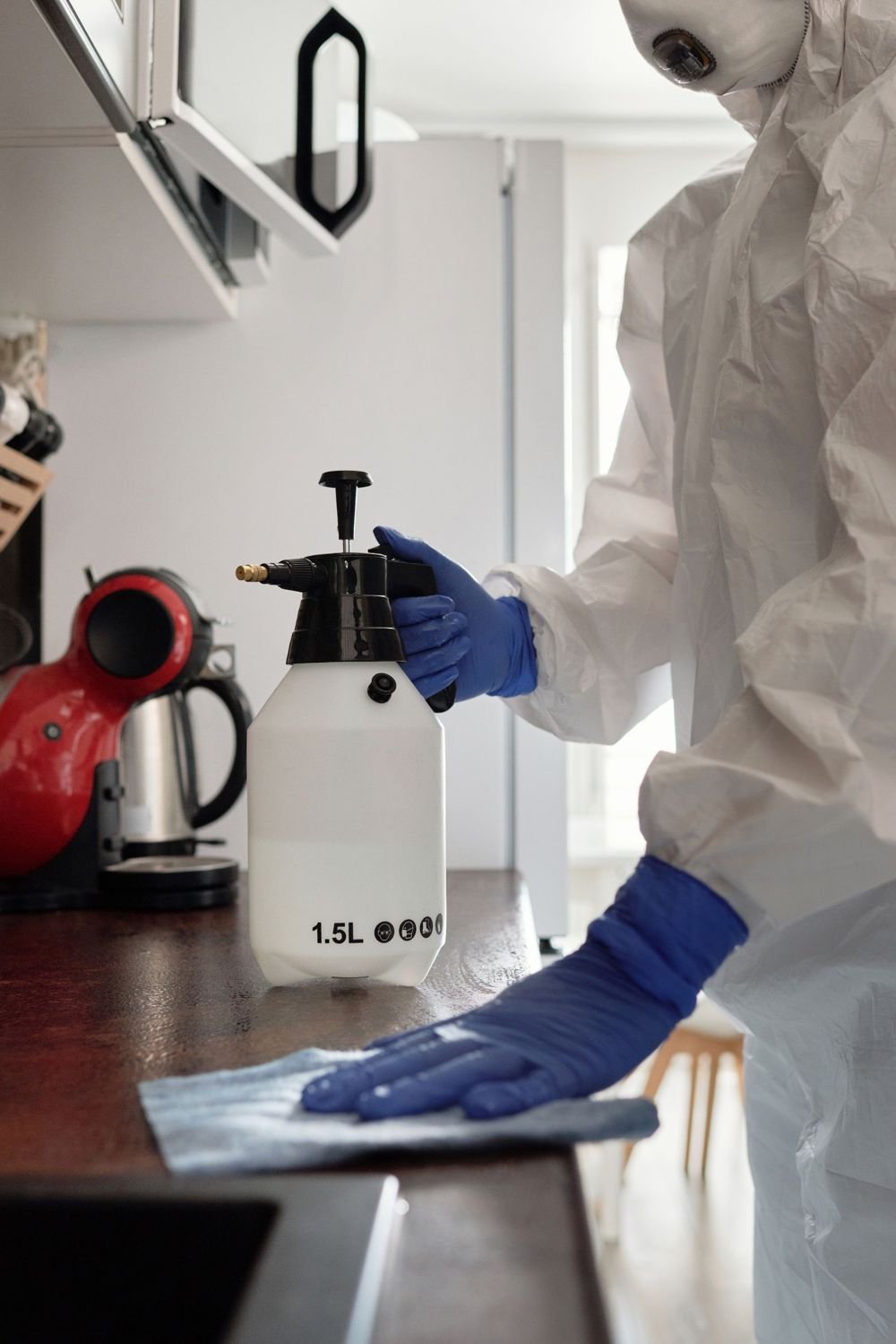 Pest control worker treating a residential kitchen